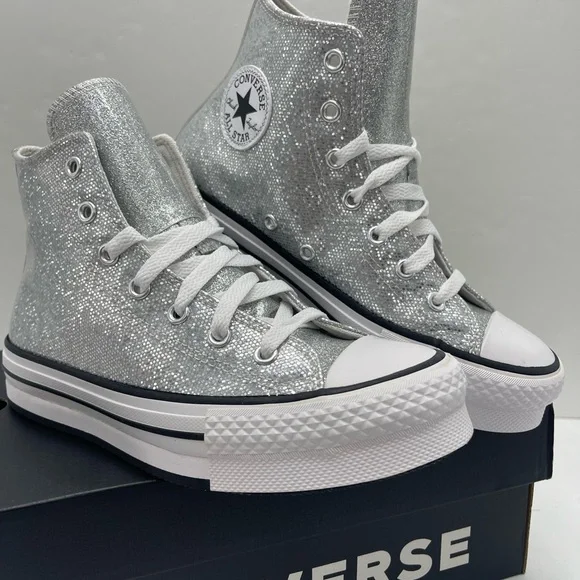Converse CTAS EVA LIFT HI Chuck Taylor All Star High Top Sneakers Silver Glitter - Picture 5 of 16